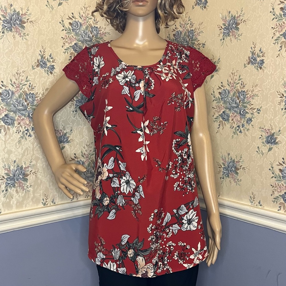 Flower Print Lace Cap Sleeve Pleated Floral Blouse Work Top, Size S